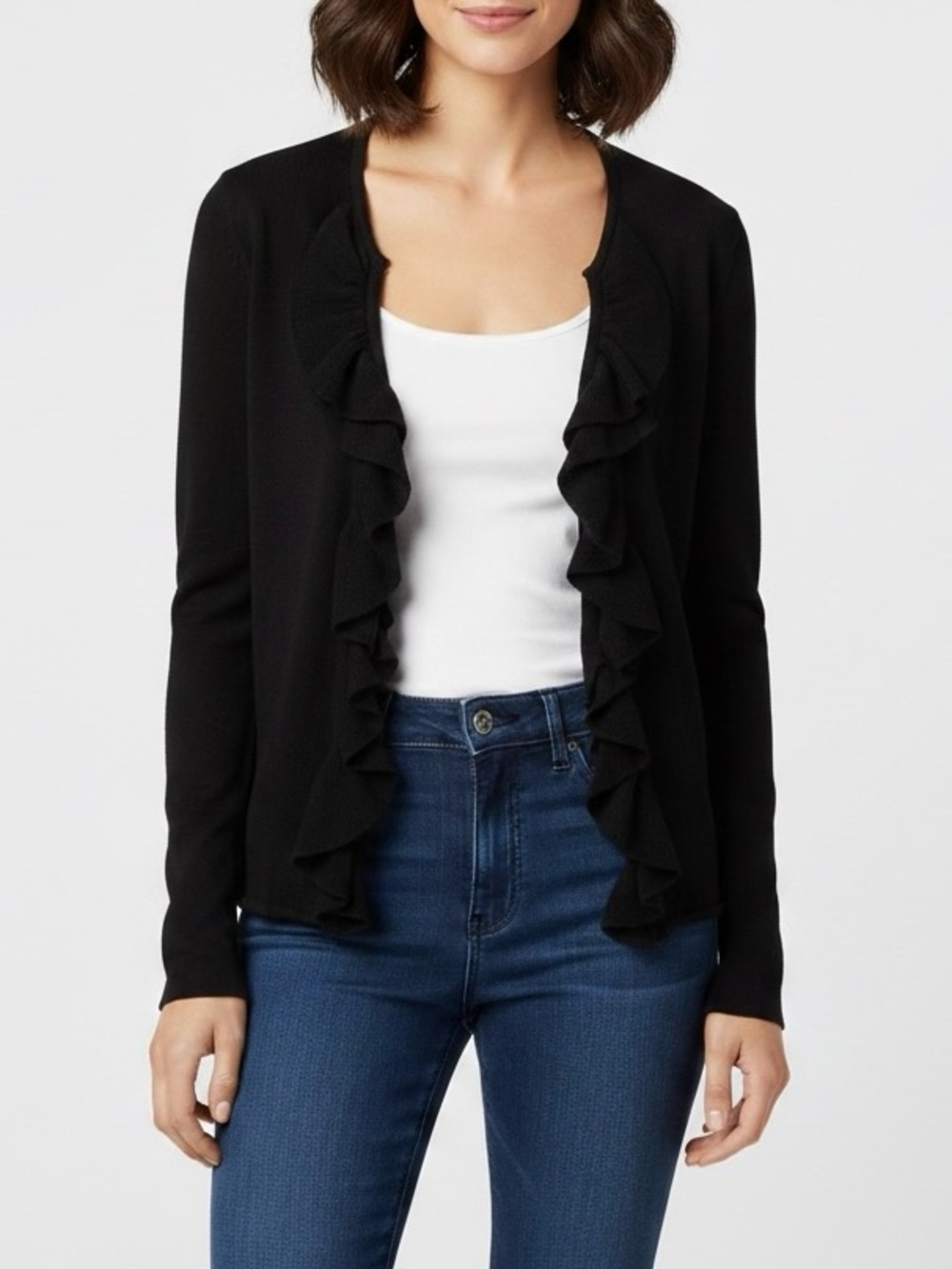 Tory Burch Black Double Ruffle-Front Knit Cardigan Merino Wool Lonh Sleeve Sz S